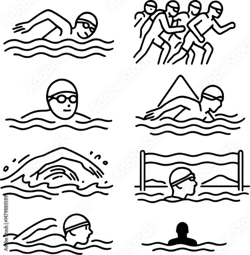 Open water swimming icons set – outline, aquatic sports and swimmer symbols