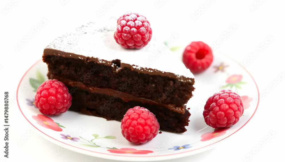Decadent chocolate cake slice with raspberries. Decadent chocolate cake slice with raspberries.