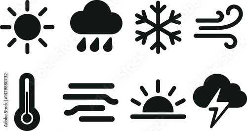 Weather and climate silhouette icons set – simple, atmospheric and meteorology symbols