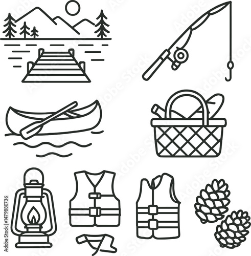 Lakehouse outline icons set – simple boating, fishing, and nature symbols