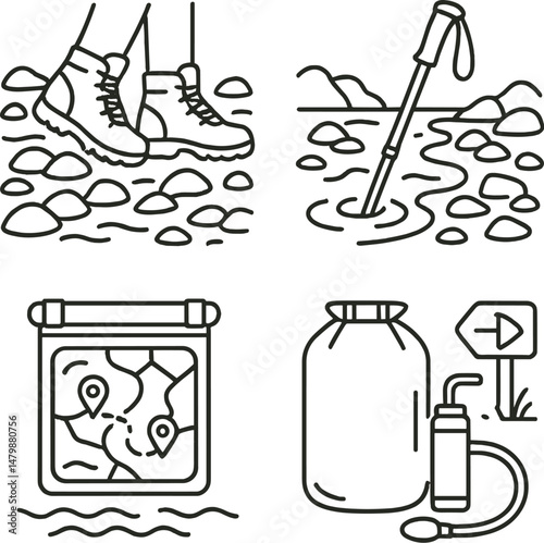 Hiking essentials icons set – outline, wilderness and trekking adventure symbols