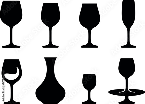 Wine glasses icons set – silhouette style, drinkware and beverage symbols