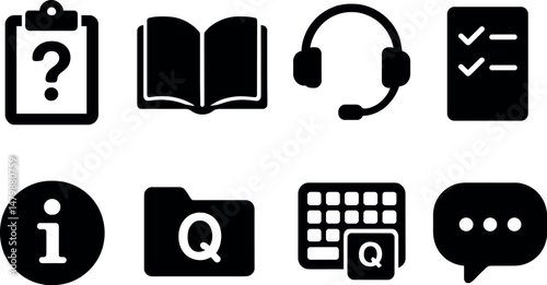 Faq and help centers icons set – silhouette, support and assistance symbols