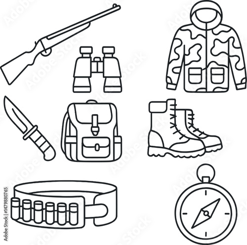 Classic hunting gear icons set – outline style, simple outdoor equipment symbols