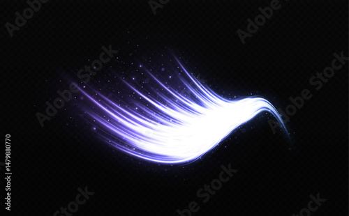 Magic comet with sparkling glares. Dynamic glowing trail with curved flow. Sparkling wavy lines on transparent background.