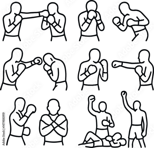 Boxing moves icons set – silhouette, fighting and martial arts symbol collection