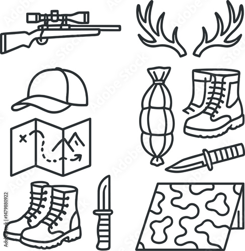Big game hunting icons set – line, adventure and wildlife exploration graphics