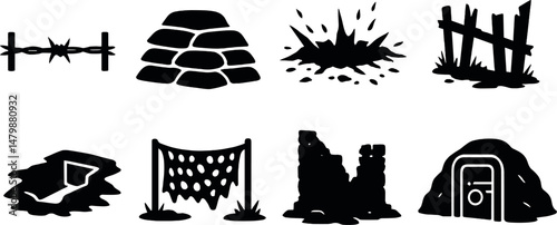 Warzone silhouette icons set – simple battlefield, combat and defense symbols