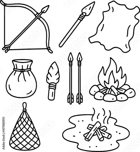 Primitive hunting tools icons set – outline, ancient weaponry and survival symbols