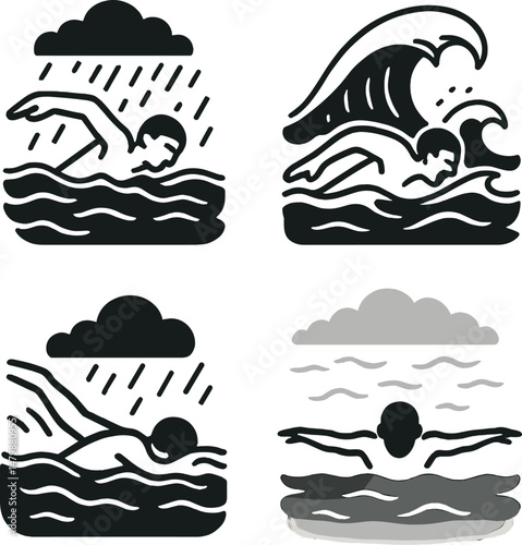 Swimming silhouettes icons set – silhouette, aquatic and water sport symbols