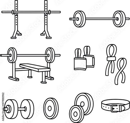 Powerlifting equipment icons set – outline, gym, weightlifting symbols
