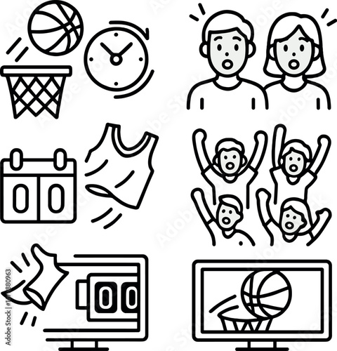 Basketball excitement icons set – outline, sports game enthusiasm elements