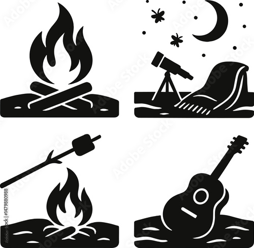 Beach bonfire icons set – silhouette, nighttime and camping adventure symbols