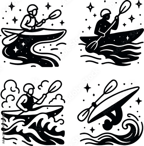 Kayak adventure icons set – silhouette, paddling and water sports symbols
