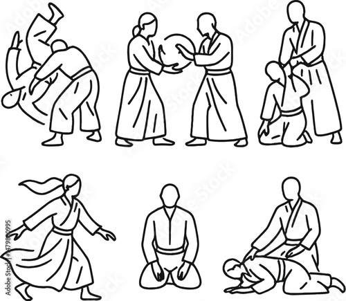 Aikido technique icons set – silhouette, martial arts and self-defense symbols