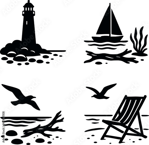 Seaside silhouette icons set – simple coastal, nautical, and beach-themed designs