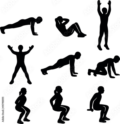 Bodyweight exercise icons set – silhouette, fitness and workout symbol collection