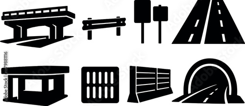 Highway infrastructure silhouette icons set – simple, road and transportation symbols