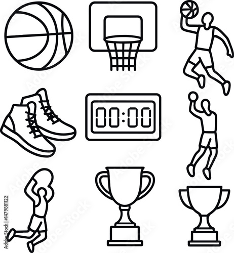 Minimalist basketball icons set – outline, sports and athletic symbols