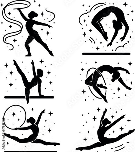 Magical gymnastics silhouettes icons set – simple, elegant and dynamic shapes
