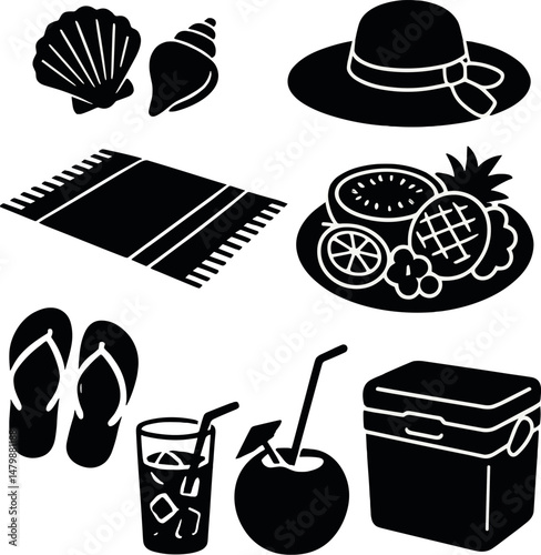 Beach picnic essentials icons set – silhouette style, seaside and summer symbols