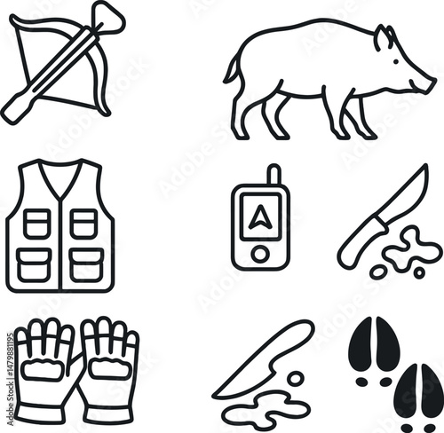 Boar hunting essentials icons set – outline, hunting gear and wild animal symbols