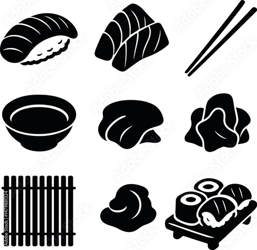Sushi bar icons set – silhouette, japanese cuisine and seafood elements