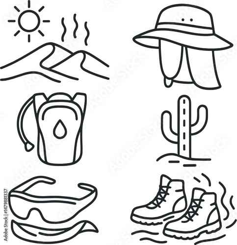 Desert exploration icons set – line style for adventure and survival essentials