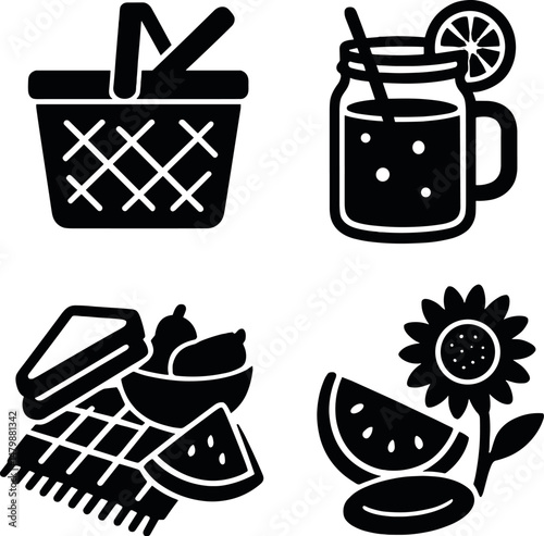 Minimalist picnic icons set – silhouette, outdoor and food design elements