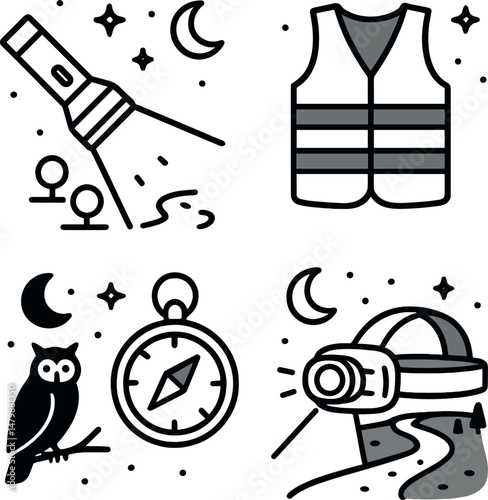 Night hiking icons set – outline, camping and trekking symbols for adventure lovers