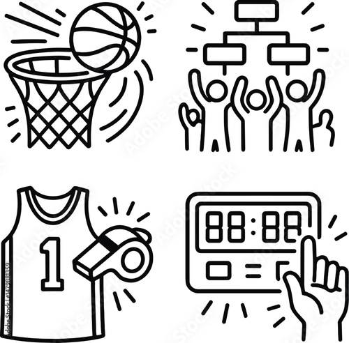 Basketball icons set – outline style, simple sports and team activity symbols