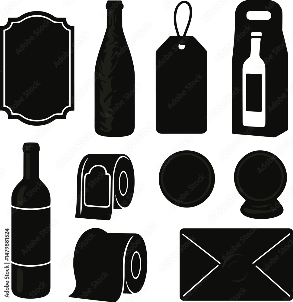 Fototapeta premium Wine packaging icons set – silhouette, beverage and bottle design symbols