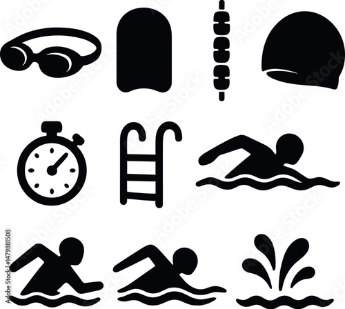 Aquatic fitness silhouette icons set – swimming, water exercise, and pool activity symbols