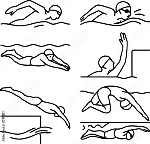 Freestyle swimming icons set – outline, aquatic and water sports symbols