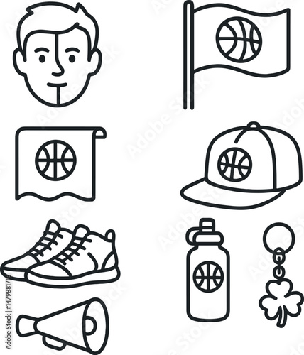 Basketball fan essentials icons set – outline, sports enthusiast graphics and symbols