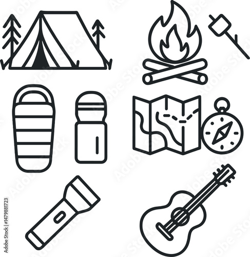 Nature camping icons set – outline, outdoor adventure and hiking symbol collection