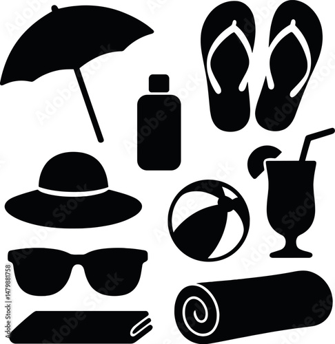 Beach essentials silhouette icons set – summer, vacation and holiday symbols