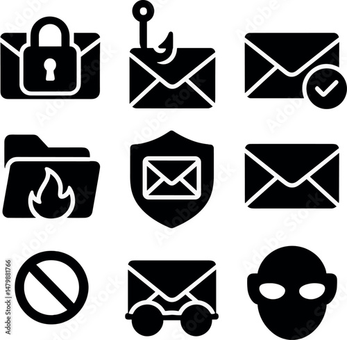 Digital security icons set – silhouette style, cyber protection and privacy symbols