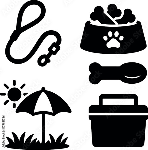Pet picnic essentials silhouette icons set – simple, outdoor and leisure graphics
