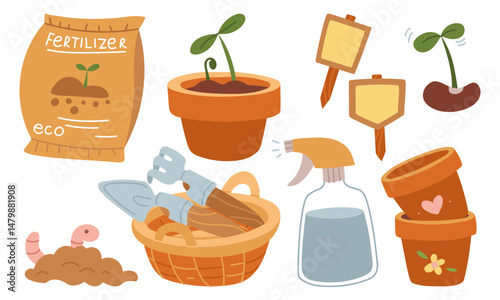 set for planting plants in the garden. Sprout, worm in the ground, shovel, earth, worm, spray bottle, seeds. Flat color isolated illustration. It is suitable for gardening blogs, packaging of garden