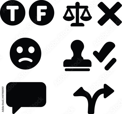True or false silhouette icons set – flat, quiz symbols for testing and evaluation