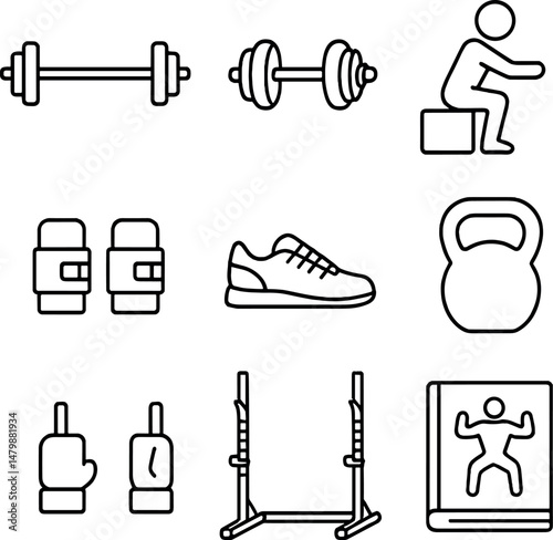 Beginner weightlifting essentials icons set – line, gym basics and exercise symbols