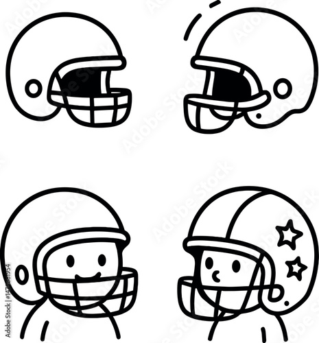 Kids football helmets icons set – outline, playful sports gear and safety symbols