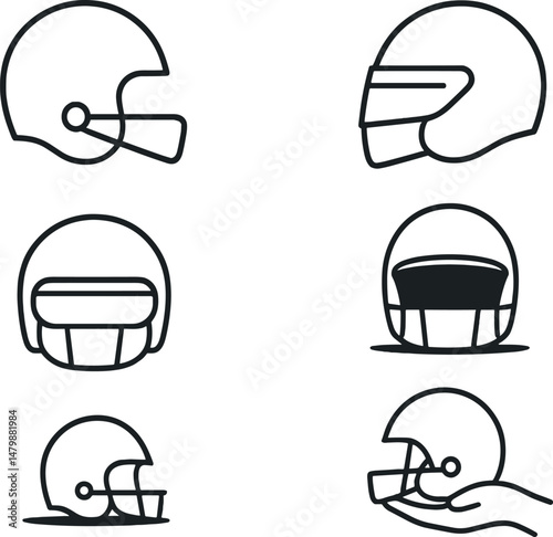 Football helmets icons set – outline, minimalist and simple sports symbols