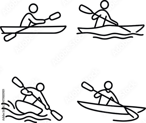 Minimalist kayaking icons set - silhouette water sports and paddling symbols