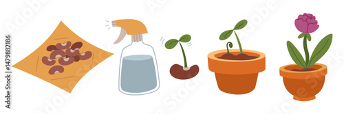set the landing sequence. Seeds, spray bottle, sprout, clay vase, flower. Planting plants. An isolated collection of color illustrations. Suitable for postcards, prints, blog design, children's books