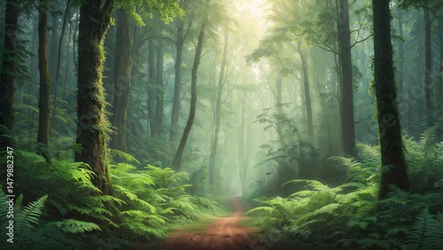 A serene, atmospheric landscape photograph depicting a lush, green forest. Tall trees with slender trunks and vibrant green leaves dominate the scene.