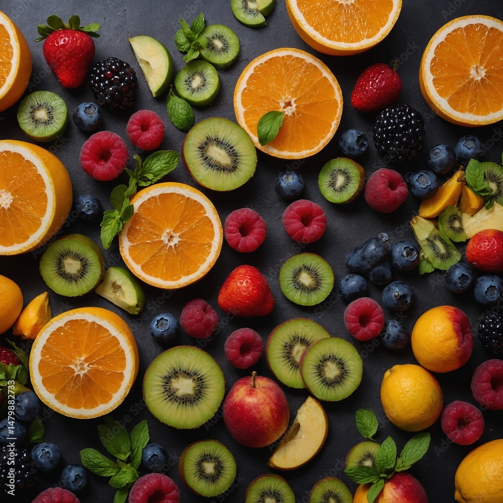A fresh collection of fruits like orange, lemon, apple, kiwi, and berries are isolated on a stark black background, suggesting a healthy and vitamin-rich diet A fresh collection of fruits like orange, lemon, apple, kiwi, and berries are isolated on a stark black background, suggesting a healthy and vitamin-rich diet