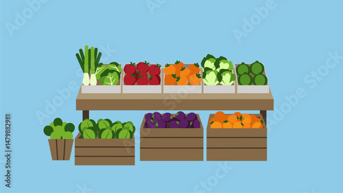 Fresh Produce Market Stall: Colorful Flat-Lay Illustration