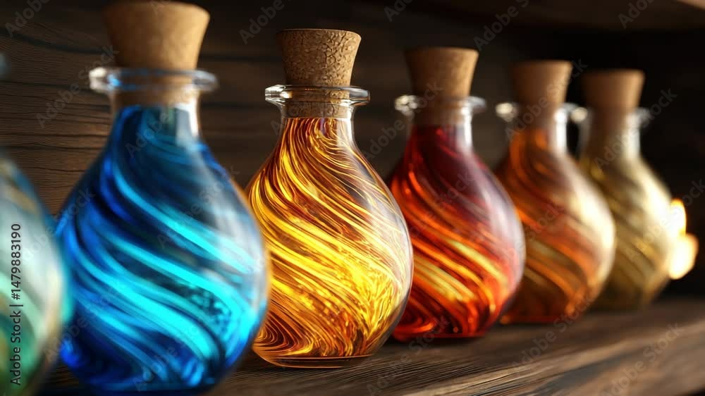 Colorful glass bottles with swirling liquids on wooden shelf.